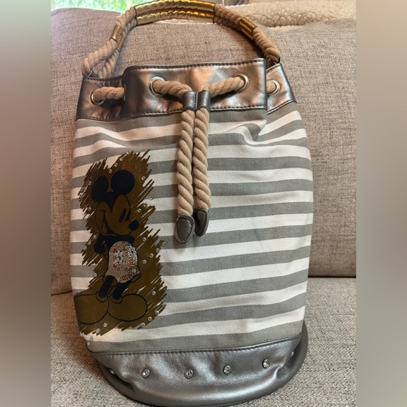 DISNEY MICKEY MOUSE CANVAS SILVER & CREAM RHINESTONE ROPED STRAP TOTE BUCKET BAG - Picture 2 of 13